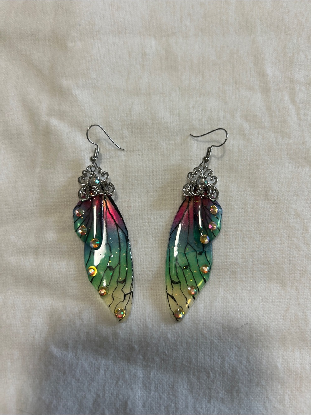 Handcrafted Multicolor Wing Dangle Earrings - Silver Accents
